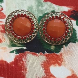 Vintage Pierced Rhinestones Orange Earrings